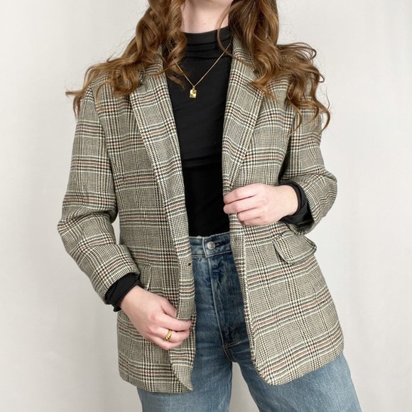 Vintage Oversized Houndstooth Plaid Wool Knit Blazer Jacket Coat Preppy Academia - Picture 8 of 8